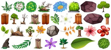 Beyaz arkaplan illüstrasyonunda izole edilmiş bir dizi farklı doğa