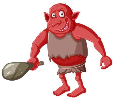 Çizgi film karakterinde kırmızı goblin ya da trol avlanma aracı tutuyor.