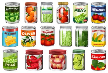 Kavanozlarda farklı konserve yiyecek ve yiyecekler izole edilmiş.