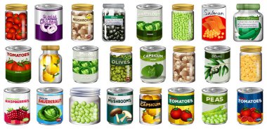 Kavanozlarda farklı konserve yiyecek ve yiyecekler izole edilmiş.