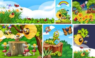 Bahçe arka planında yaşayan bir grup farklı böcek.