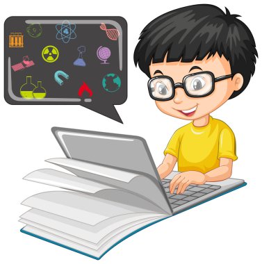 Eğitim simgesi çizgi film stili beyaz arkaplan illüstrasyonunda izole edilmiş çocuk dizüstü bilgisayarda arıyor
