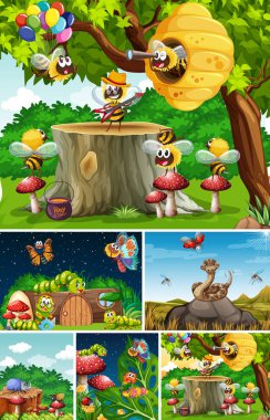 Bahçe arka planında yaşayan bir grup farklı böcek.