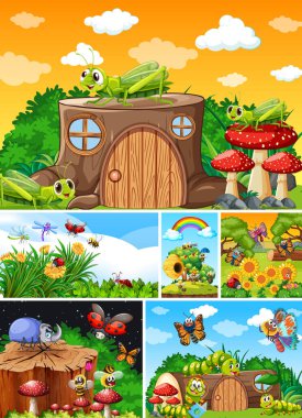 Bahçe arka planında yaşayan bir grup farklı böcek.