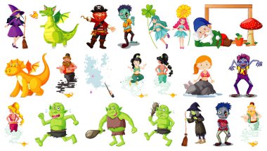 Beyaz arkaplanda izole edilmiş fantastik çizgi film karakterleri ve fantezi teması