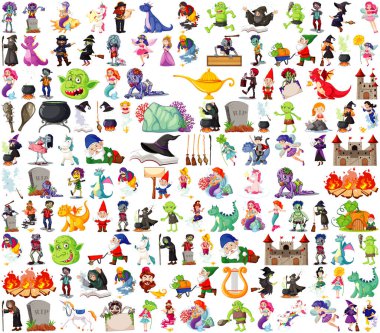 Beyaz arkaplanda izole edilmiş fantastik çizgi film karakterleri ve fantezi teması