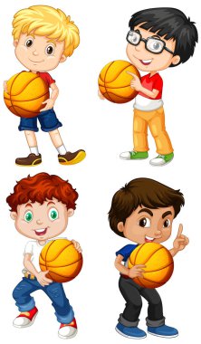 Basketbol illüstrasyonu tutan sevimli genç çizgi film karakteri.