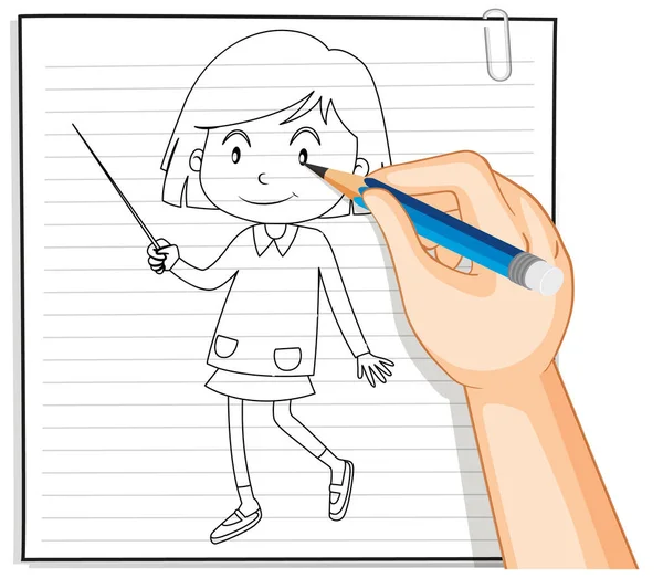 Hand Writing Cute Girl Holding Wand Outline Illustration — Stock Vector
