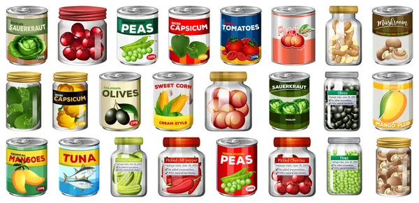 Conjunto Diferentes Alimentos Enlatados Alimentos Frascos Ilustração Isolada — Vetor de Stock