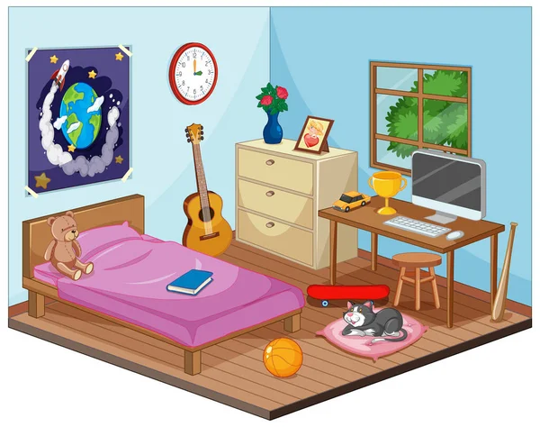 漫画スタイルのイラストで子供のシーンの寝室の一部 — ストックベクタ