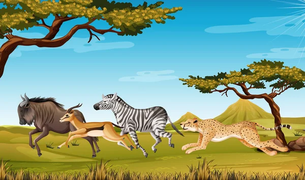 Animales Salvajes Corriendo Ilustración Savanna — Vector de stock