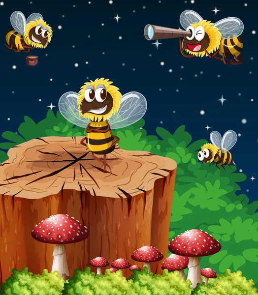 Mnoho Včel Žijících Zahradní Scéně Noci Ilustrace — Stockový vektor