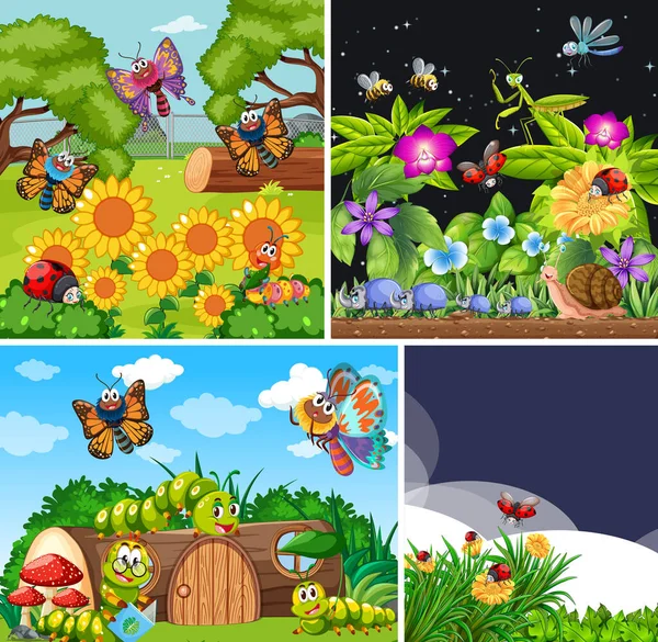 Bahçe arka planında yaşayan bir grup farklı böcek.