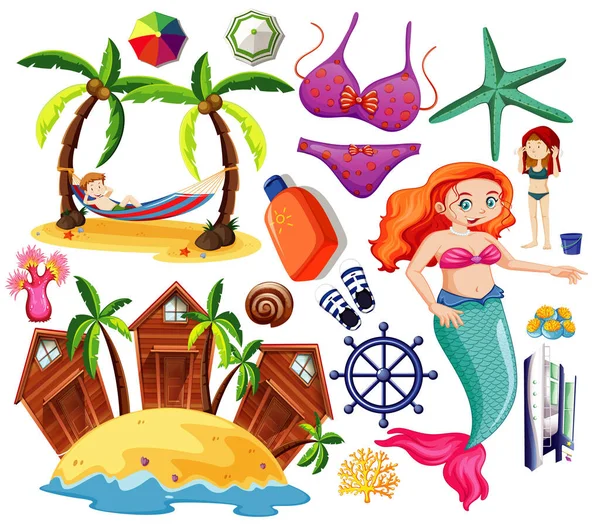 Conjunto Icono Playa Verano Estilo Dibujos Animados Sirena Sobre Fondo — Archivo Imágenes Vectoriales