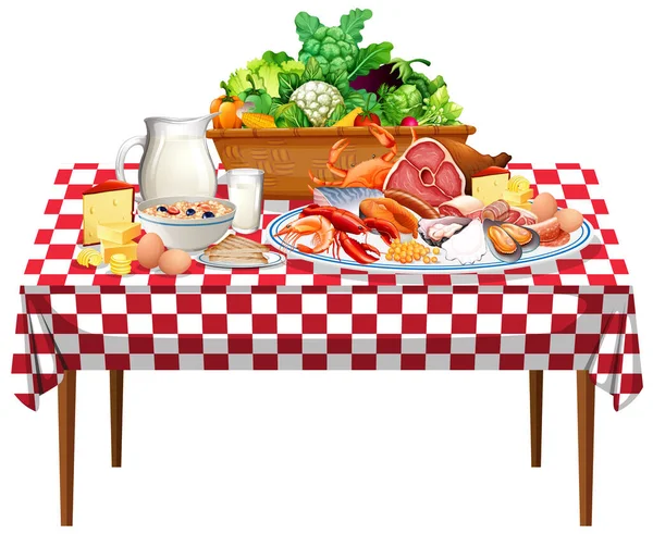 Aliments Frais Groupes Aliments Sur Table Avec Illustration Nappe Carreaux — Image vectorielle