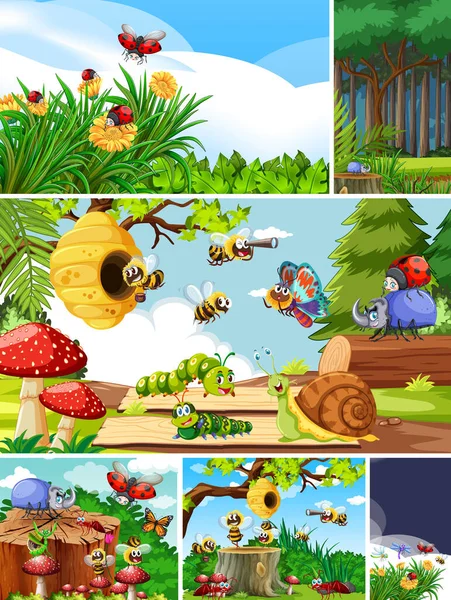 Bahçe arka planında yaşayan bir grup farklı böcek.
