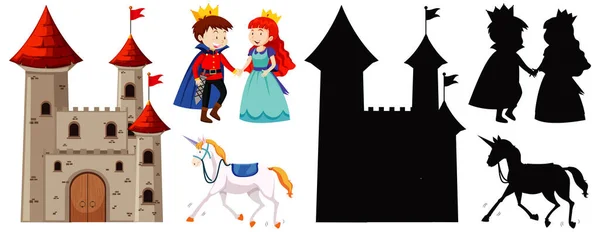 城堡与王子 公主和马的颜色和轮廓孤立的白色背景插图 — 图库矢量图片