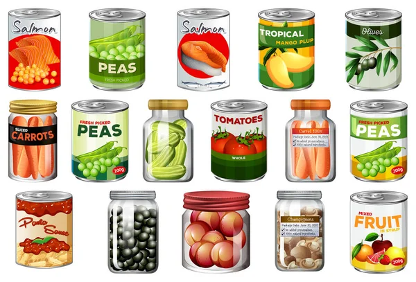 Set Aus Verschiedenen Konserven Und Lebensmitteln Gläsern Isolierte Illustration — Stockvektor