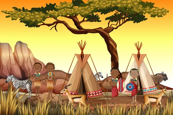 Etniske Folk Afrikanske Stammer Traditionelle Tøj Naturen Baggrund Illustration – Stock-vektor