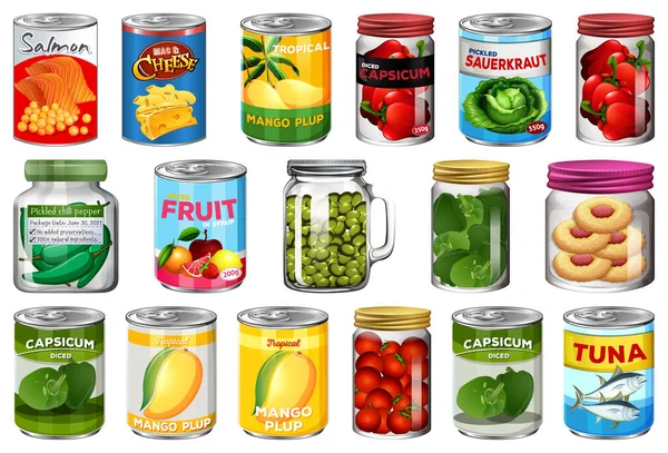 Set Different Canned Food Food Jars Isolated Illustration — Stock Vector