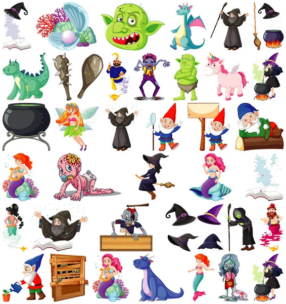 Set Van Fantasie Stripfiguren Fantasie Thema Geïsoleerd Witte Achtergrond Illustratie — Stockvector