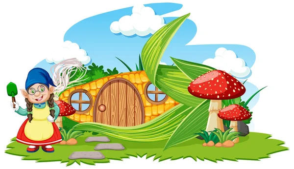 Gnome Mais Casa Con Funghi Stile Cartone Animato Sul Cielo — Vettoriale Stock