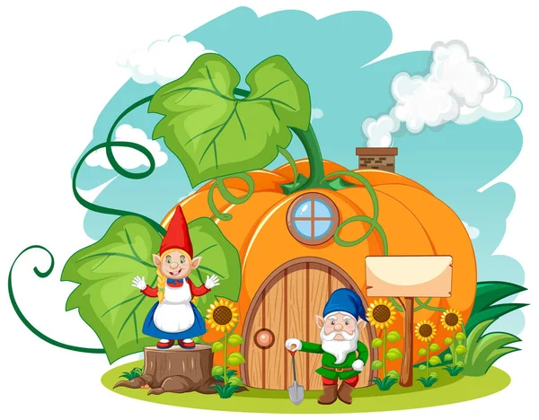 Gnomes Και Κολοκύθα Στυλ Κινουμένων Σχεδίων Σπίτι Στον Ουρανό Εικονογράφηση — Διανυσματικό Αρχείο