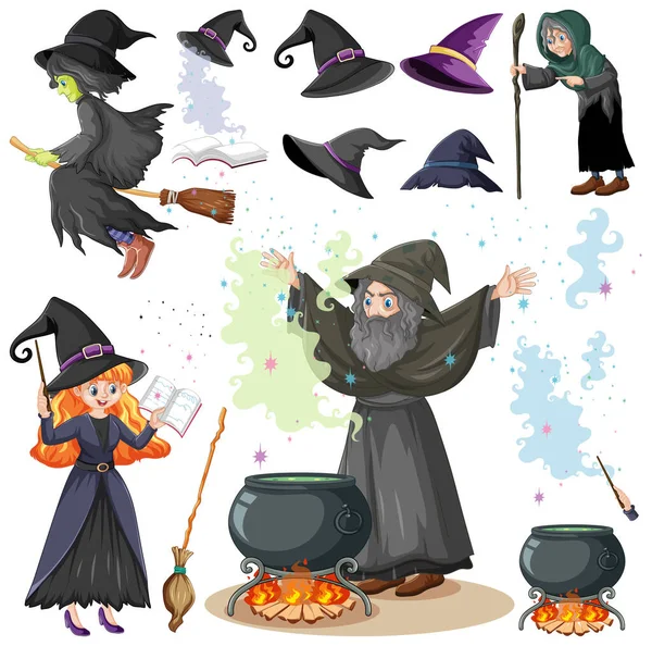 Set Wizard Witches Tools Cartoon Style Isolated White Background Illustration — Stock Vector