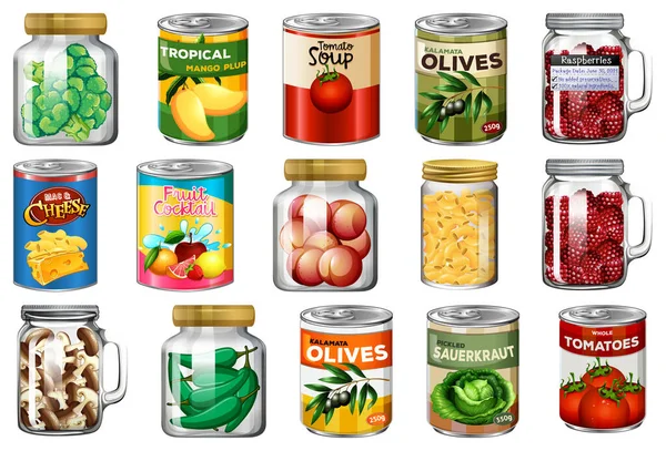 Conjunto Diferentes Alimentos Enlatados Frascos Ilustración Aislada — Vector de stock