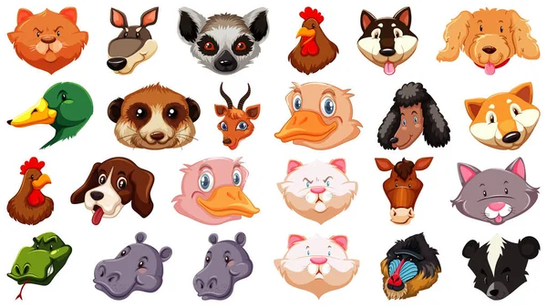 Conjunto Diferentes Animales Dibujos Animados Lindo Cabeza Enorme Aislado Ilustración — Vector de stock