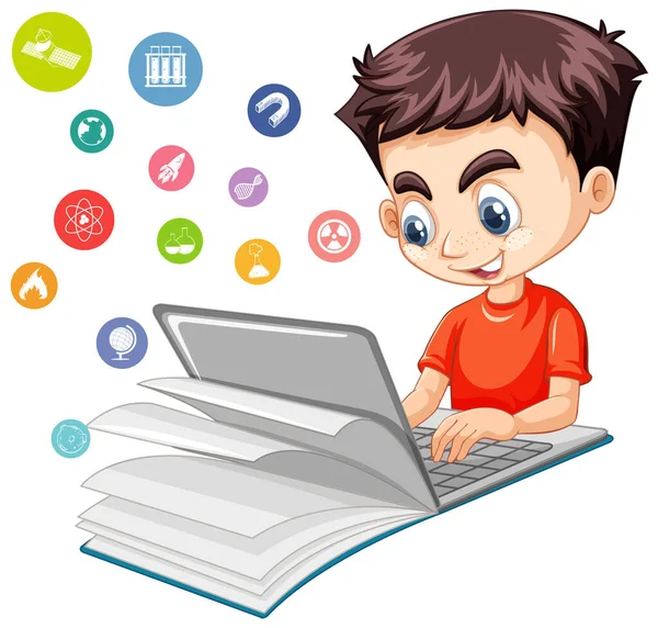 男孩在笔记本电脑上搜寻带有教育图标的孤立插图 — 图库矢量图片