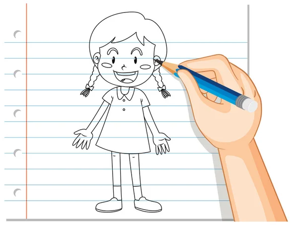 Hand Writing Cute Girl Outline Illustration — Stock Vector