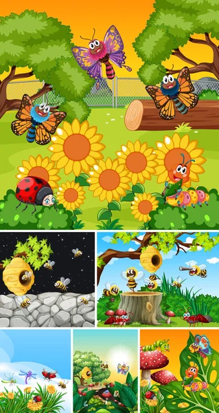 Bahçe arka planında yaşayan bir grup farklı böcek.