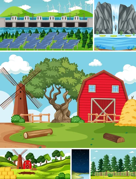 六幅不同的自然场景设置卡通画风格图解 — 图库矢量图片