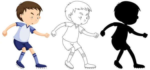 男孩踢足球的颜色 轮廓和轮廓图 — 图库矢量图片