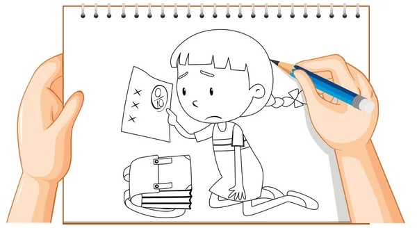 Hand Writing Girl Have Bad Exam Mark Outline Illustration — Stock Vector