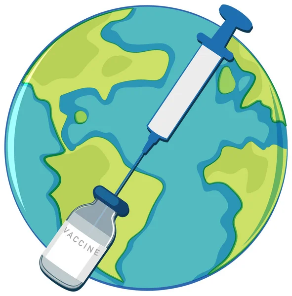 ワクチンの漫画スタイルの単離されたイラストと地球の世界のアイコン — ストックベクタ