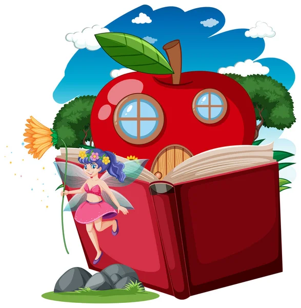童话和苹果房子弹出书籍卡通风格白色背景插图 — 图库矢量图片