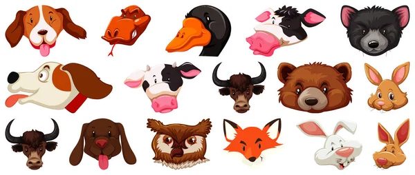 Conjunto Diferentes Animais Bonitos Desenhos Animados Cabeça Enorme Isolado Fundo — Vetor de Stock
