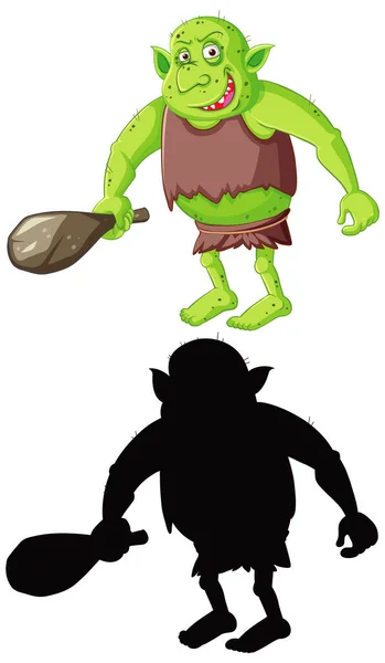 Goblin Oder Troll Farbe Und Silhouette Cartoon Figur Auf Weißem — Stockvektor