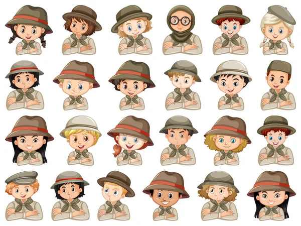 Set Different Characters Boys Girls Scout Costume White Background Illustration — Stock Vector