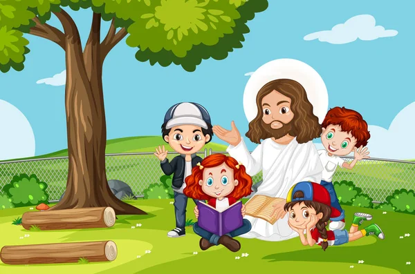 Jesus Children Park Illustration — Stock Vector