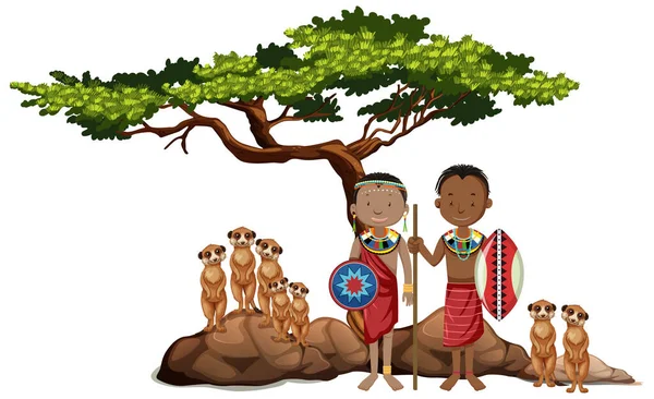 アフリカの部族や野生動物のイラストの民族 — ストックベクタ