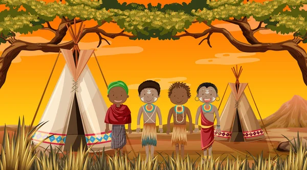 Ethnic People African Tribes Traditional Clothing Nature Background Illustration — Stock Vector