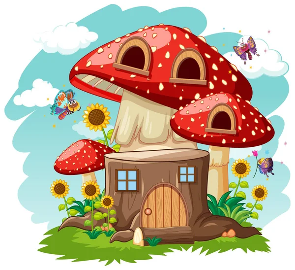 Stump Maison Champignons Dans Style Dessin Animé Jardin Sur Fond — Image vectorielle