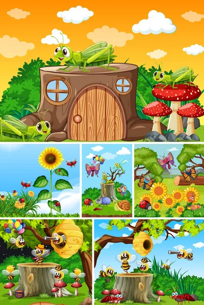 Bahçe arka planında yaşayan bir grup farklı böcek.