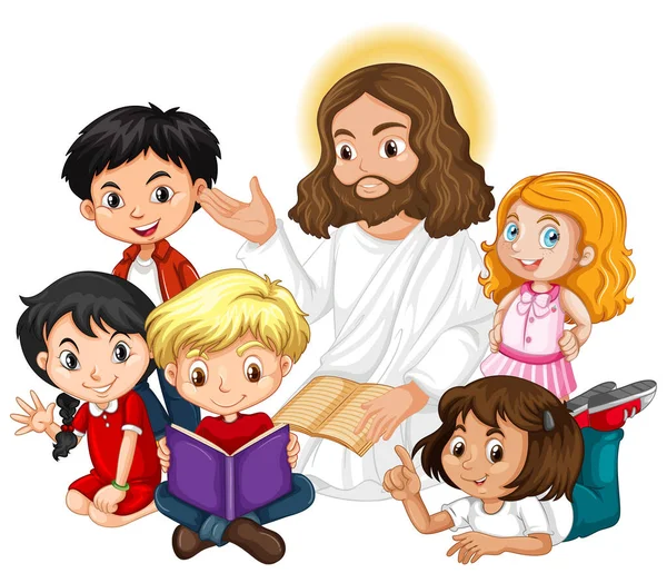 Ježíš Kázání Pro Děti Skupina Kreslený Znak Ilustrace — Stockový vektor