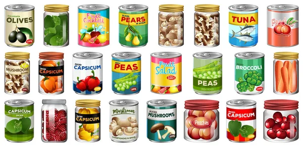 Conjunto Diferentes Alimentos Enlatados Alimentos Frascos Ilustração Isolada — Vetor de Stock