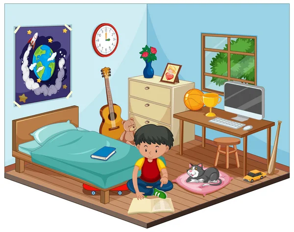 漫画風のイラストで男の子と子供のシーンの寝室の一部 — ストックベクタ