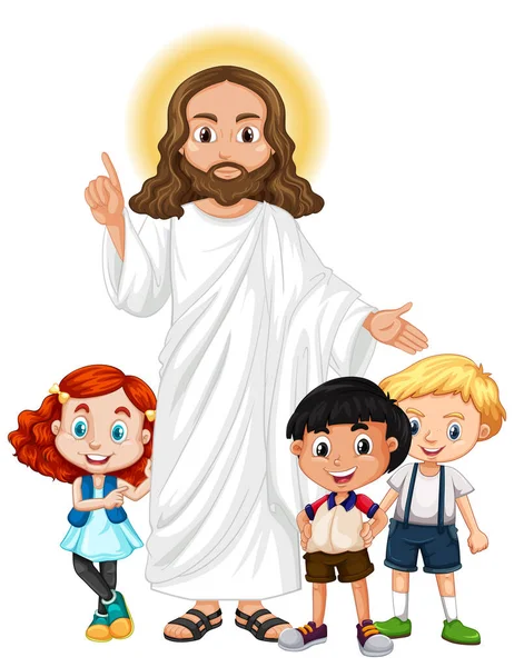 Jesus Com Grupo Crianças Ilustração Personagem Desenho Animado — Vetor de Stock